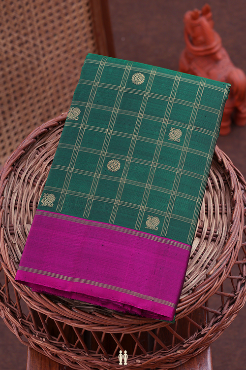 Kanchipuram Silk Saree In Green With Checks Design
