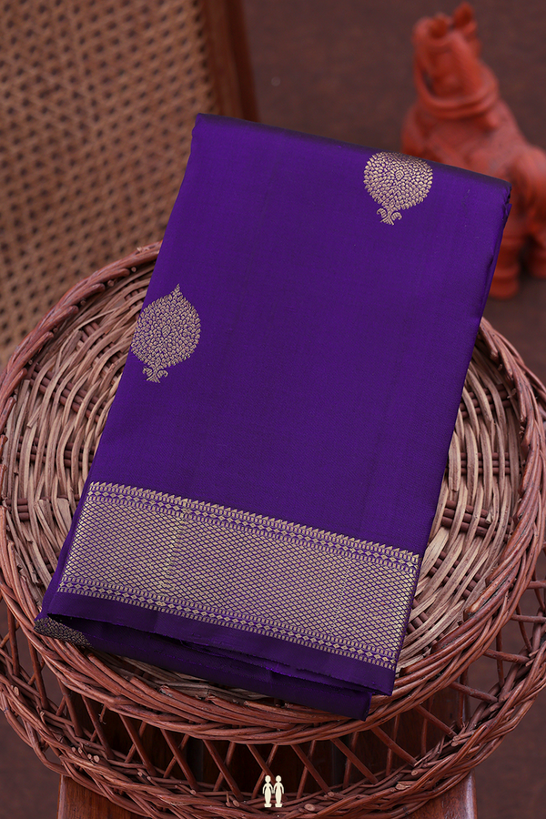 Kanchipuram Silk Saree In Navy Blue With Zari Buttas