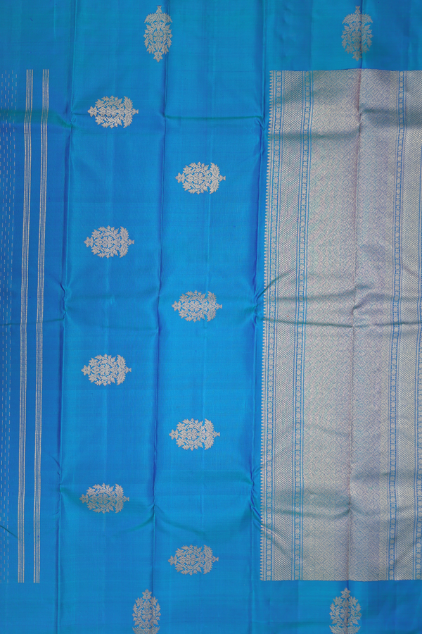 Kanchipuram Silk Saree In Blue With Stripes Design