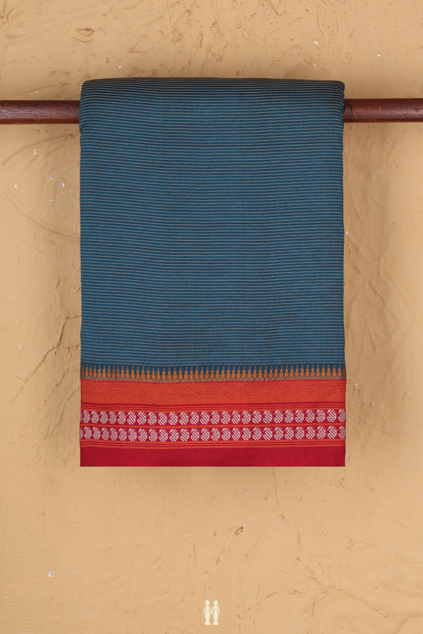 Dharwad Cotton Saree In Teal Blue With Stripes Design