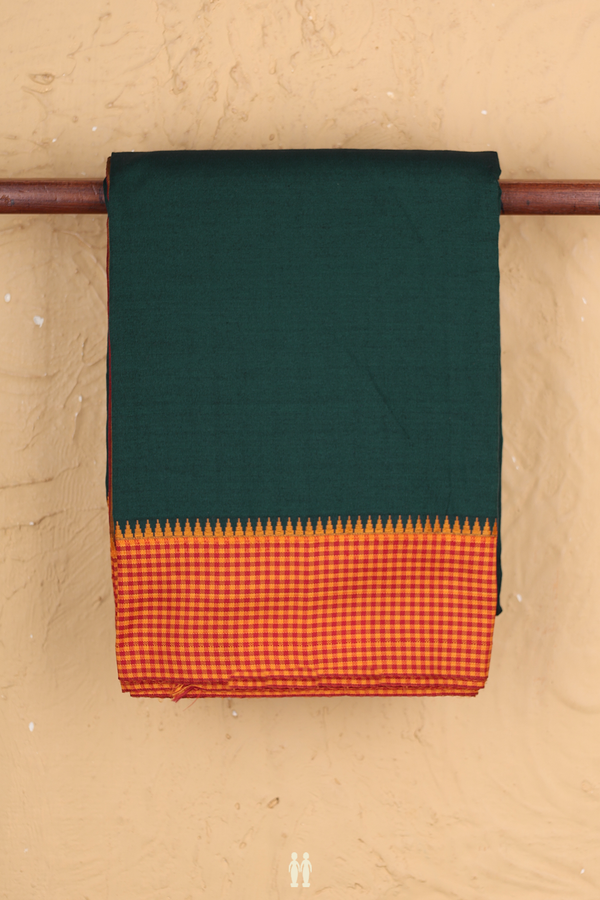 Dharwad Cotton Saree In Forest Green With Checks Border