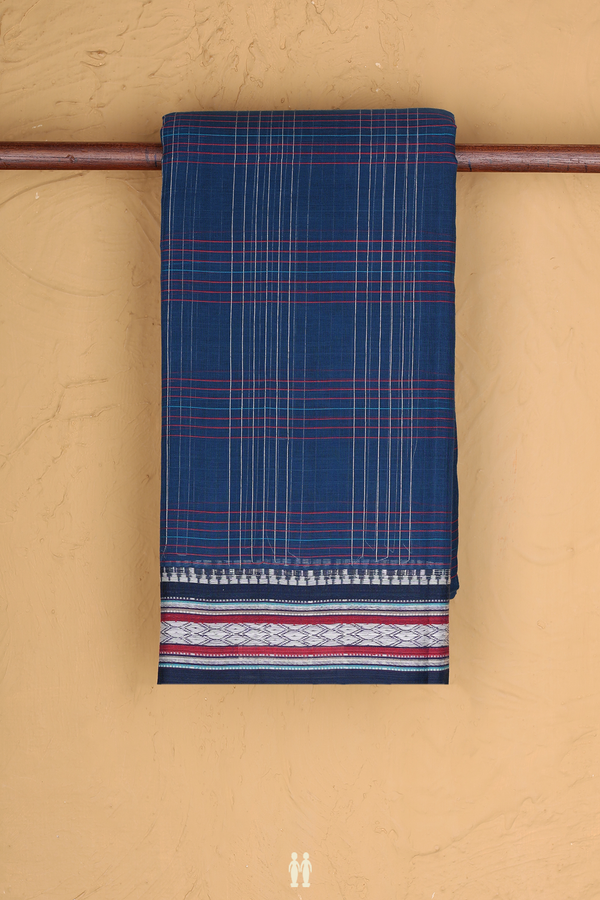 Narayanpet Cotton Saree In Prussian Blue With Checks Design