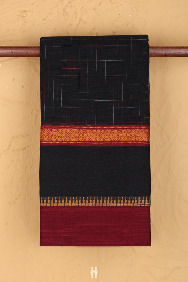 Narayanpet Cotton Saree In Black With Checks Design