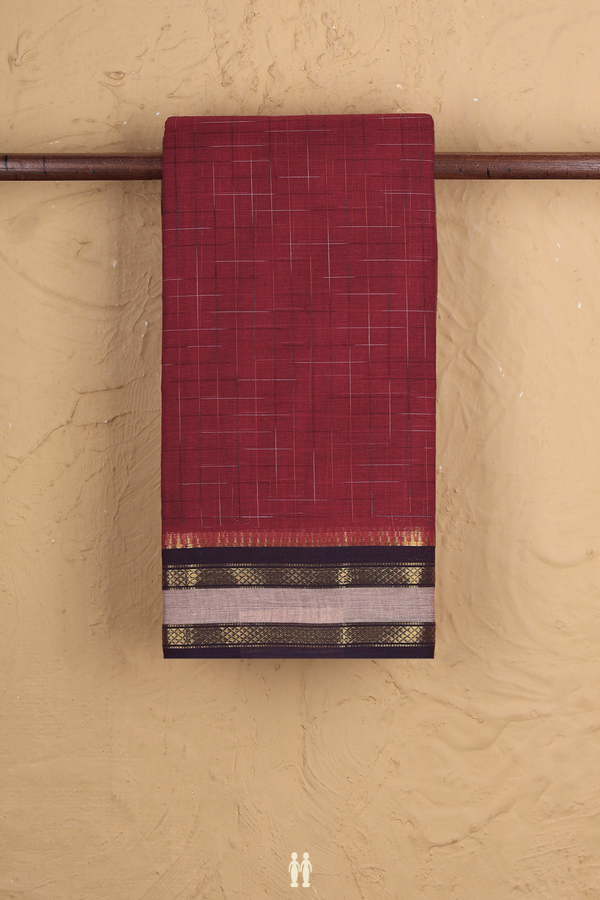 Narayanpet Cotton Saree In Burgundy Red With Checks Design
