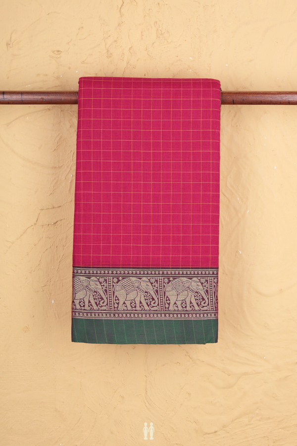 Gadwal Cotton Saree In Rose Red With Checks Design