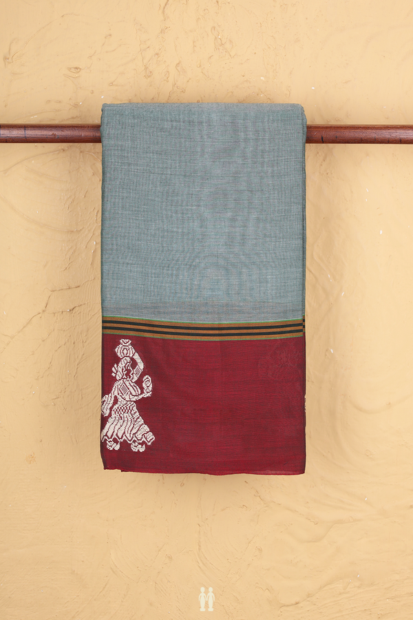 Narayanpet Cotton Saree In Slate Green With Contrast Border