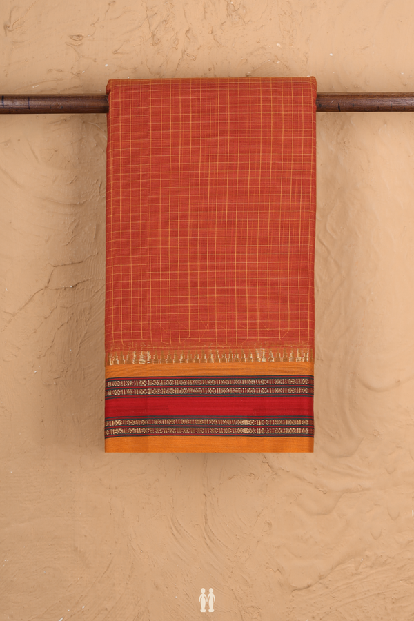 Narayanpet Cotton Saree In Rust Orange With Checks Design