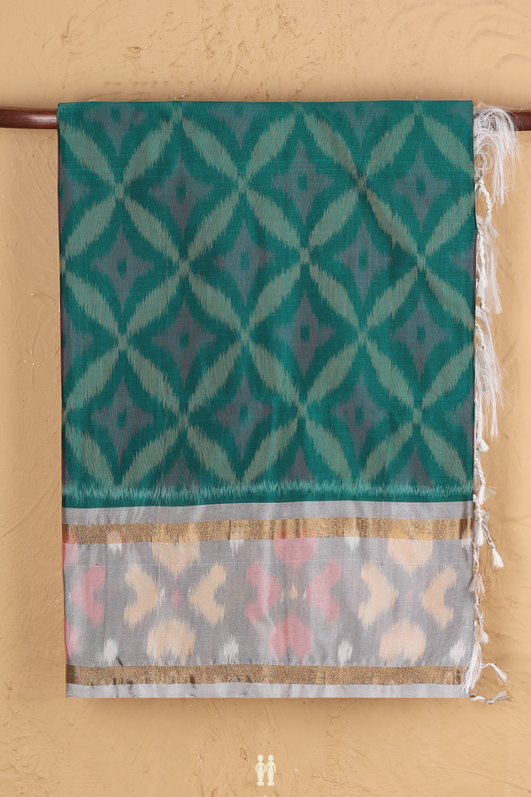 Kora Silk Cotton Saree In Teal Green With Ikat Design