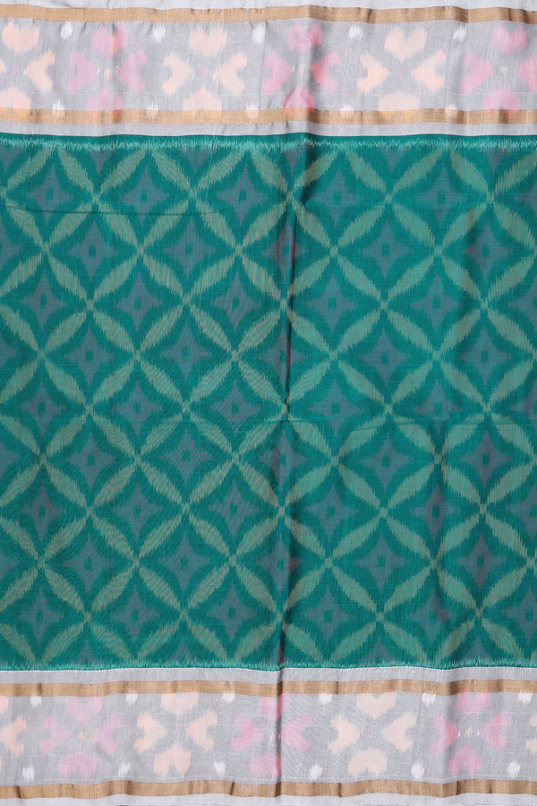 Kora Silk Cotton Saree In Teal Green With Ikat Design