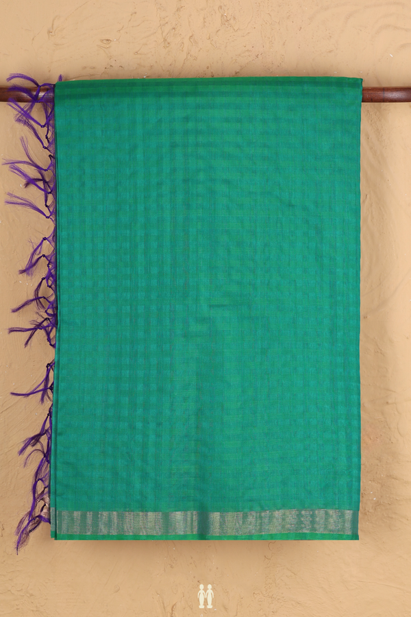 Kora Silk Cotton Saree In Green With Self Checks Design