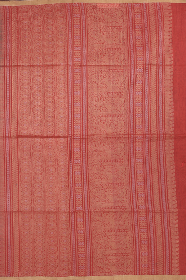 Kora Silk Cotton Saree In Green With Peacock Buttas