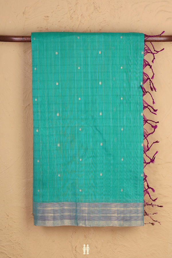 Kora Silk Cotton Saree In Green With Zari Buttis