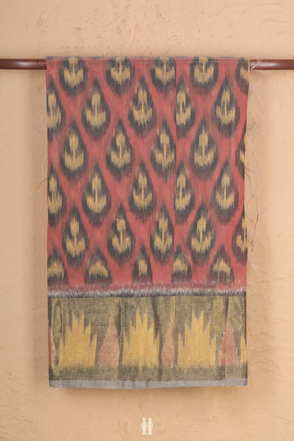 Kora Silk Cotton Saree In Dusty Red With Ikat Design