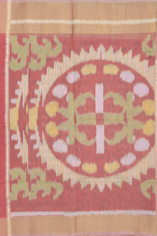 Kora Silk Cotton Saree In Dusty Red With Ikat Design