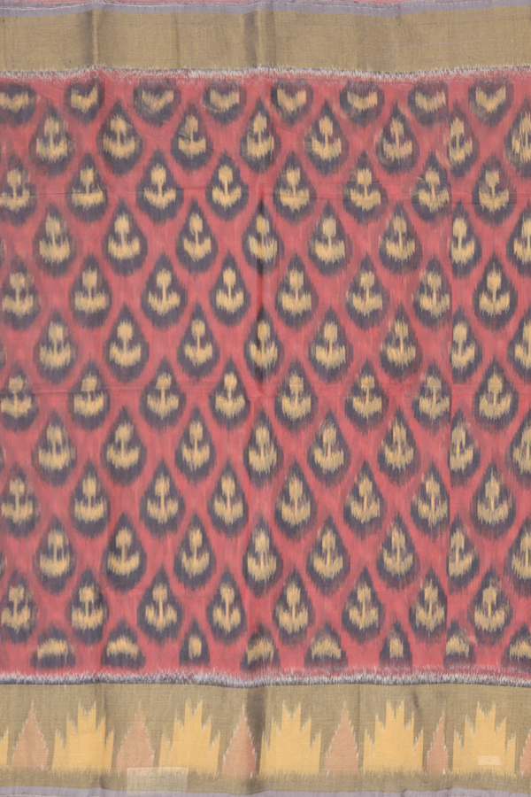 Kora Silk Cotton Saree In Dusty Red With Ikat Design