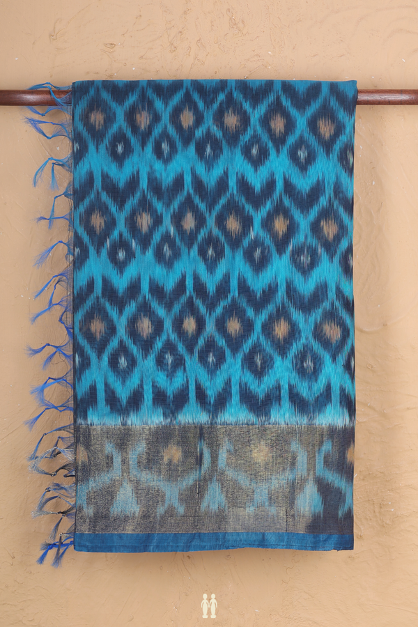 Kora Silk Cotton Saree In Cerulean Blue With Ikat Design