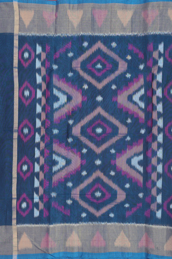 Kora Silk Cotton Saree In Cerulean Blue With Ikat Design