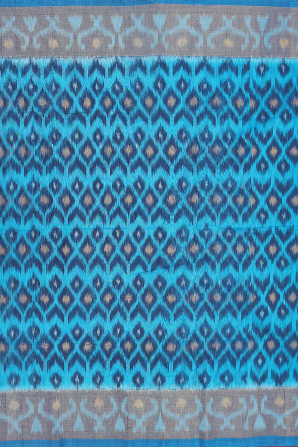 Kora Silk Cotton Saree In Cerulean Blue With Ikat Design