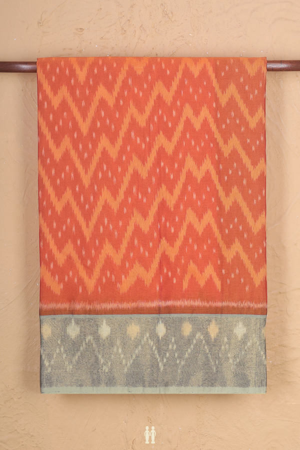 Kora Silk Cotton Saree In Bright Orange With Chevron Design