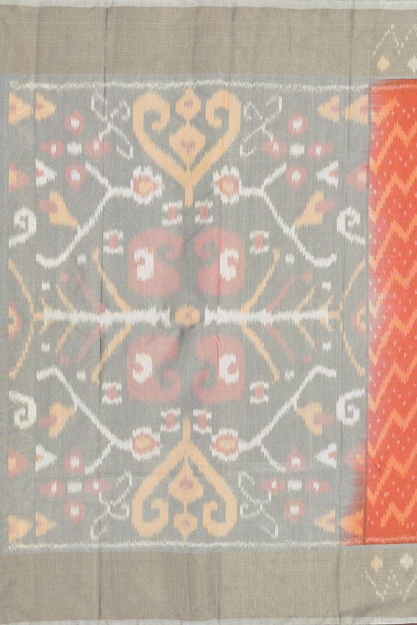 Kora Silk Cotton Saree In Bright Orange With Chevron Design
