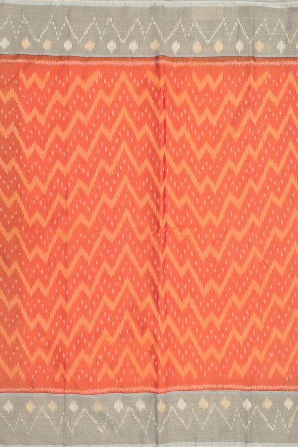 Kora Silk Cotton Saree In Bright Orange With Chevron Design