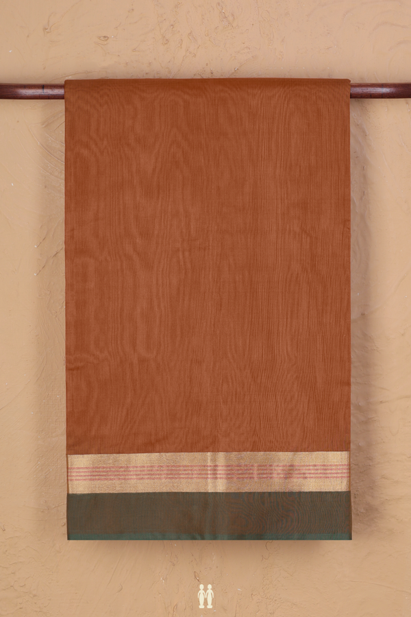 Kora Cotton Saree In Rust Brown With Contrast Border