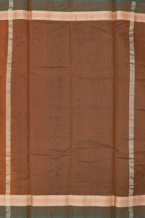 Kora Cotton Saree In Rust Brown With Contrast Border