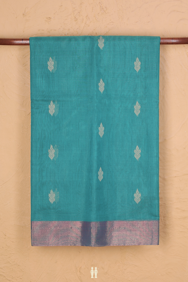 Kora Silk Cotton Saree In Teal Blue With Threadwork Buttas