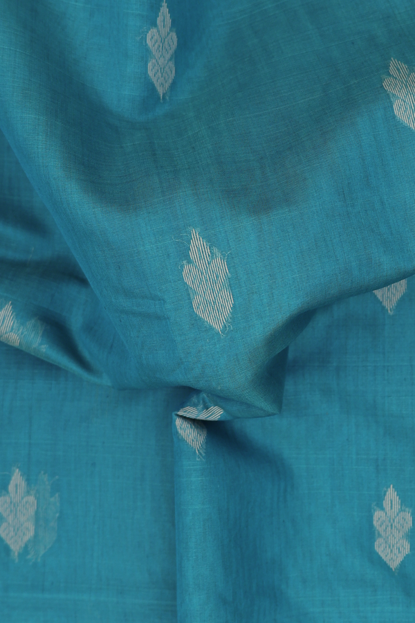 Kora Silk Cotton Saree In Teal Blue With Threadwork Buttas