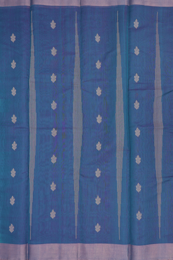 Kora Silk Cotton Saree In Teal Blue With Threadwork Buttas