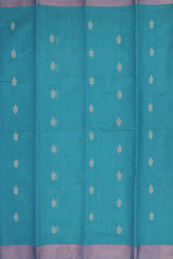 Kora Silk Cotton Saree In Teal Blue With Threadwork Buttas