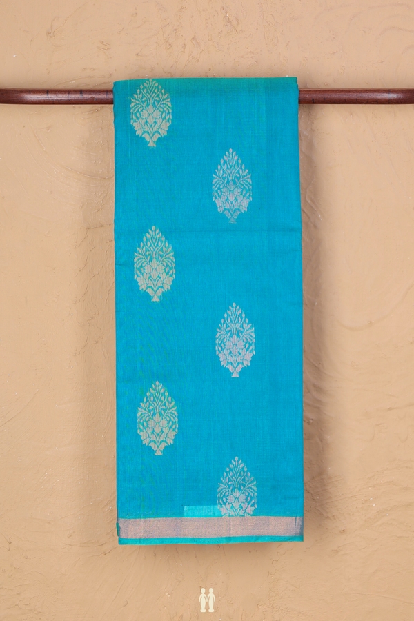 Kora Silk Cotton Saree In Cerulean Blue With Zari Motifs