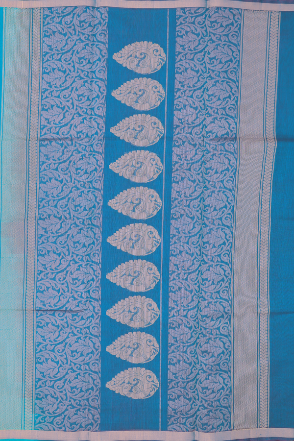 Kora Silk Cotton Saree In Cerulean Blue With Zari Motifs