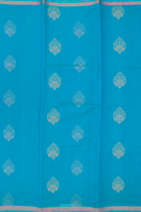 Kora Silk Cotton Saree In Cerulean Blue With Zari Motifs