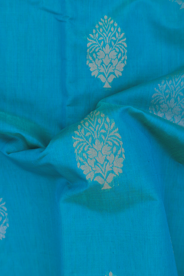 Kora Silk Cotton Saree In Cerulean Blue With Zari Motifs