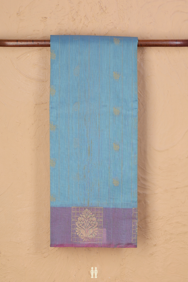 Kora Silk Cotton Saree In Dusty Blue With Stripes Design
