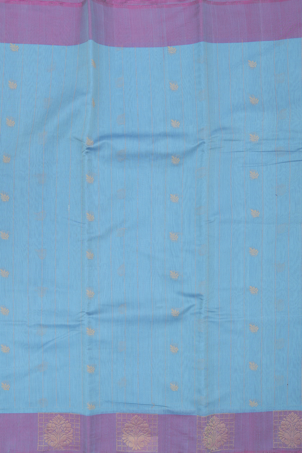 Kora Silk Cotton Saree In Dusty Blue With Stripes Design