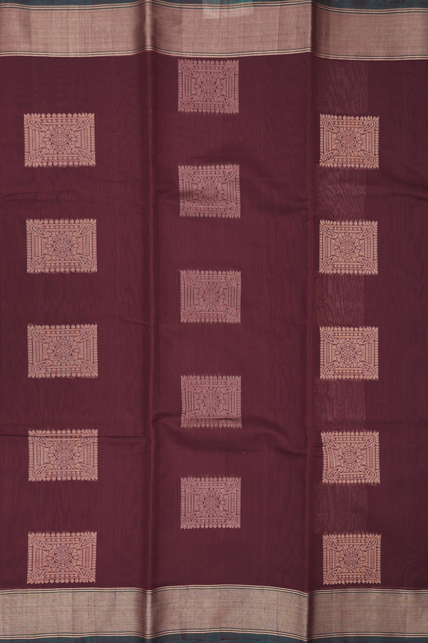 Kora Silk Cotton Saree In Maroon With Zari Motifs
