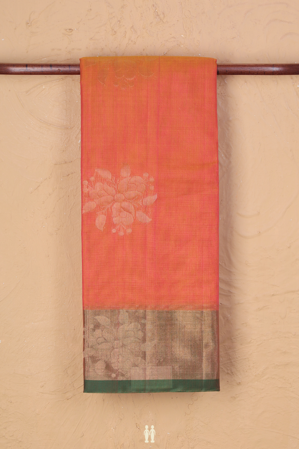 Kora Silk Cotton Saree In Royal Orange With Stripes Design