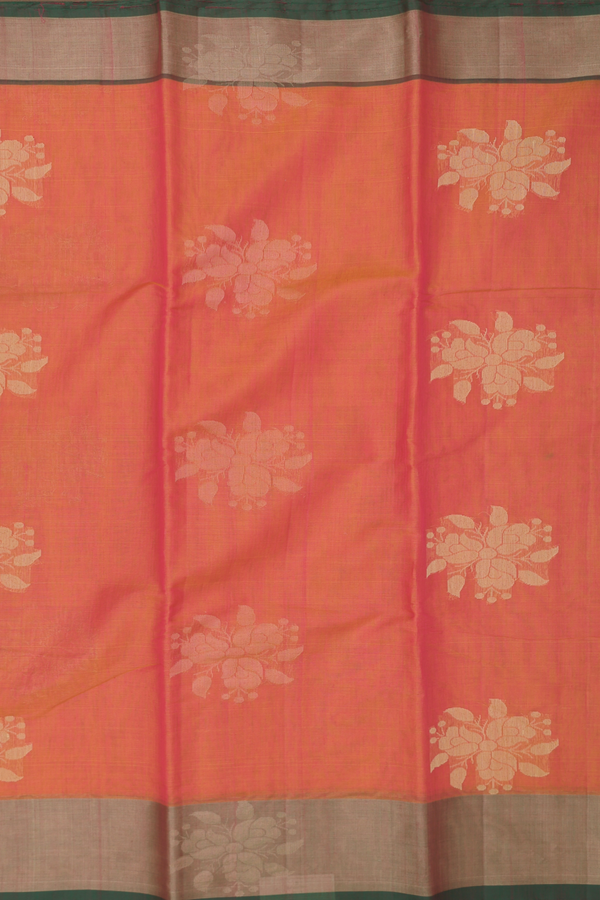 Kora Silk Cotton Saree In Coral Pink With Floral Motifs