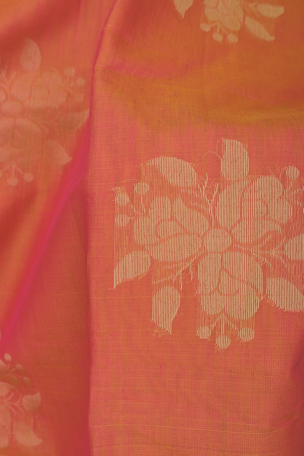 Kora Silk Cotton Saree In Royal Orange With Stripes Design