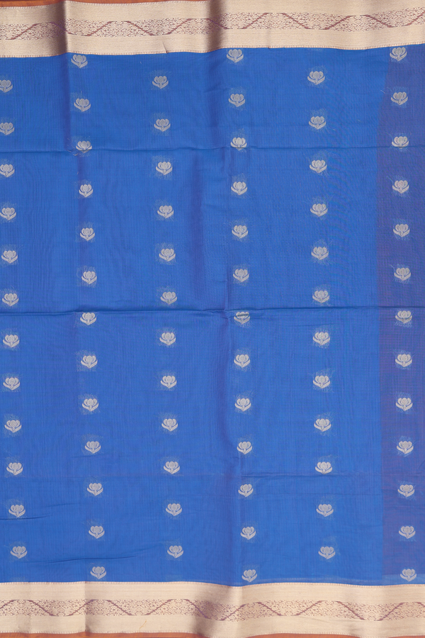 Kora Silk Cotton Saree In Capri Blue With Floral Buttas