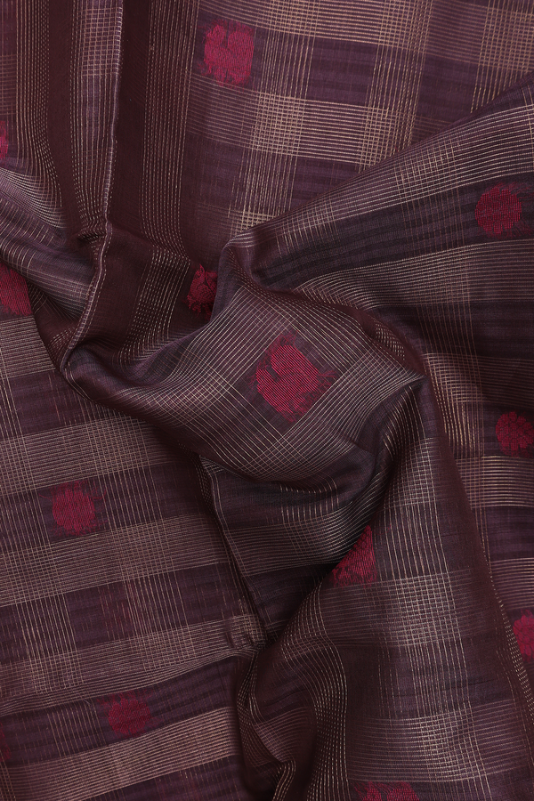 Kora Silk Cotton Saree In Plum Brown With Checks Design