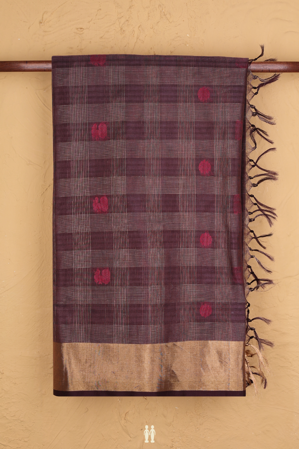 Kora Silk Cotton Saree In Plum Brown With Checks Design