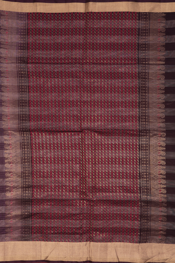Kora Silk Cotton Saree In Plum Brown With Checks Design