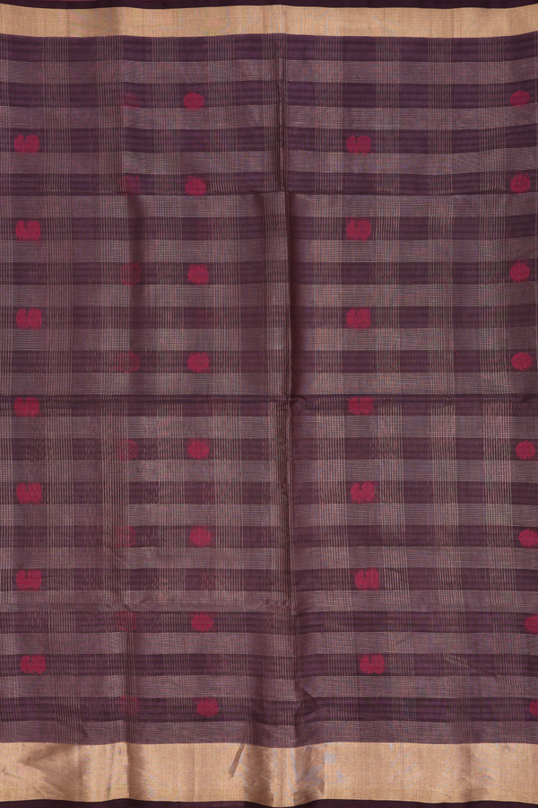 Kora Silk Cotton Saree In Plum Brown With Checks Design