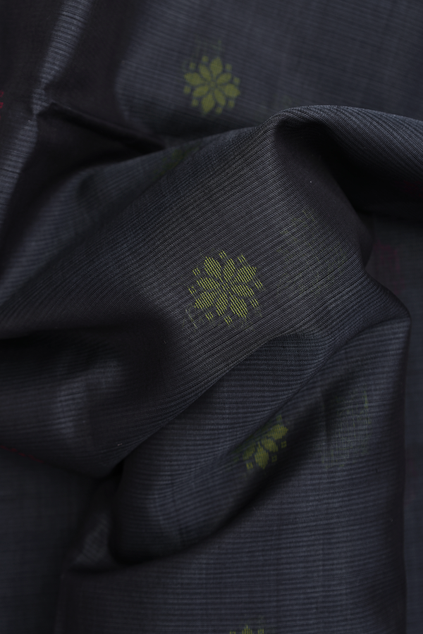 Kora Silk Cotton Saree In Charcoal Grey With Floral Buttas