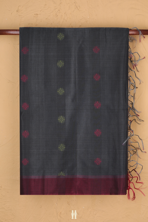 Kora Silk Cotton Saree In Charcoal Grey With Floral Buttas