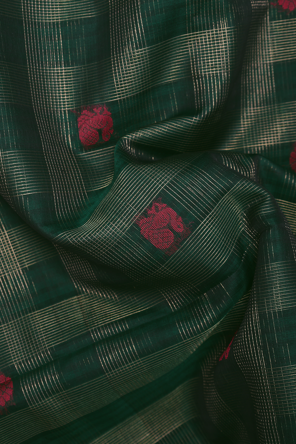 Kora Silk Cotton Saree In Forest Green With Checks Design