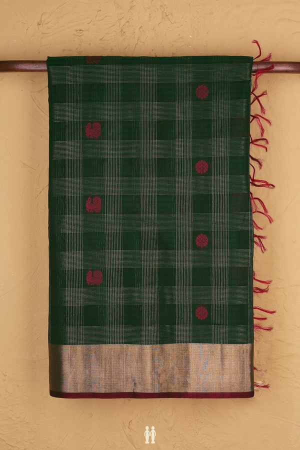 Kora Silk Cotton Saree In Forest Green With Checks Design